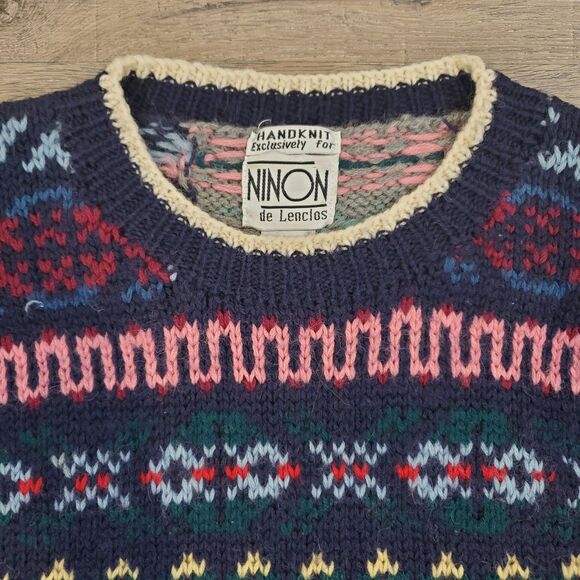 Ninon de Lenclos Handknit 100% Wool Sweater M Fair Isle Patchwork Nordic Cottage - Picture 4 of 11
